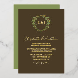 Invitación Con Relieve Metalizado Botanical Wreath Earth Tone Wedding