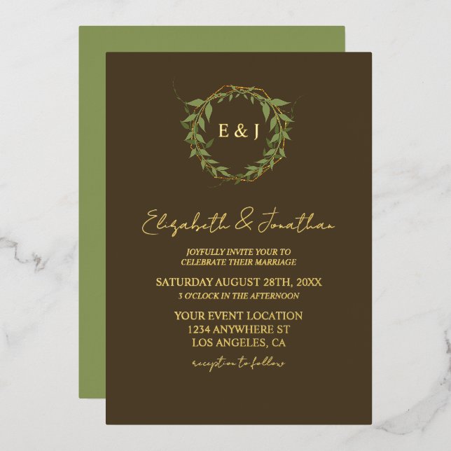 Invitación Con Relieve Metalizado Botanical Wreath Earth Tone Wedding (Anverso/Reverso)