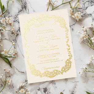 Invitación Con Relieve Metalizado Botánico Floral Paisley Musulmán Artístico Boda