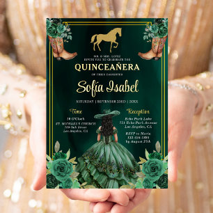 Invitación Con Relieve Metalizado Botas Florales Verde Esmeralda Doradas Quinceañera