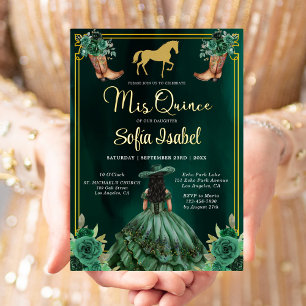 Invitación Con Relieve Metalizado Botas Florales Verde Esmeralda Doradas Quinceañera