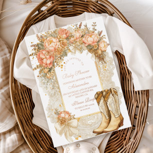 Invitación Con Relieve Metalizado Botas Rústicas de Peonía para Baby Shower Campestr