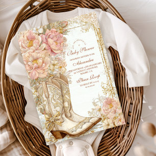 Invitación Con Relieve Metalizado Botas vaqueras occidentales para baby shower flora