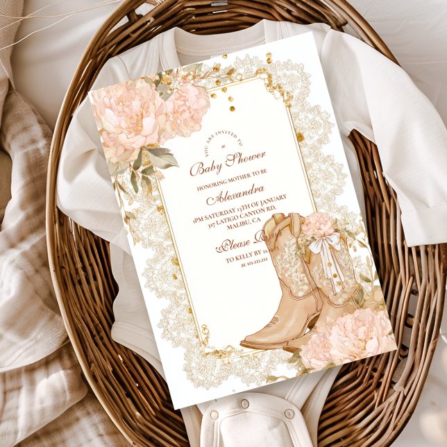 Invitación Con Relieve Metalizado Botas Vaqueras Rústicas Fiesta de Bebé Floral (Subido por el creador)