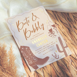 Invitación Con Relieve Metalizado Botas y Burbujas Despedida de Soltera