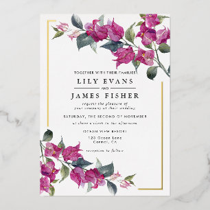 Invitación Con Relieve Metalizado Bougainvillea Borgoña Rosa Floral Boda Hoja de Est