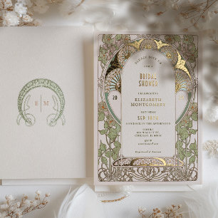 Invitación Con Relieve Metalizado Bougainvillea Bridal Shower Green Gold Art Nouveau
