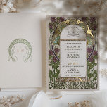 Invitación Con Relieve Metalizado Bougainvillea Lilac Boda de Oro Art Nouveau Mucha<br><div class="desc">Lilac floral de estilo Art Nouveau vintage e invitaciones a la Boda de Oro de Alphonse Mucha en un diseño romántico y caprichoso usando el Relieve metalizado dorado Real. Los florecientes victorianos complementan los tipos de letra Art Deco clásicos. Por favor, introduzca la información de su personalizado y ya está...</div>