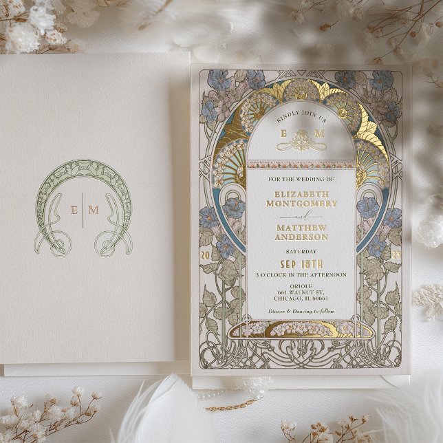 Invitación Con Relieve Metalizado Bougainvillea Oro Azul Boda Art Nouveau Mucha (Subido por el creador)