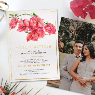 Invitación Con Relieve Metalizado Bougainvillea oro rojo rosa boda acuarela
