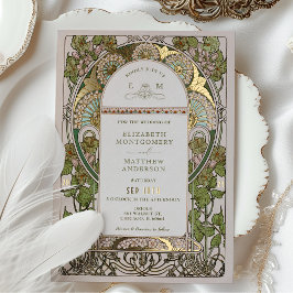 Invitación Con Relieve Metalizado Bougainvillea Oro Verde Boda Art Nouveau Mucha