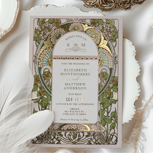 Invitación Con Relieve Metalizado Bougainvillea Oro Verde Boda Art Nouveau Mucha (Subido por el creador)