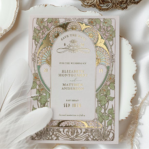 Invitación Con Relieve Metalizado Bougainvillea Save The Date Verde Oro Art Nouveau