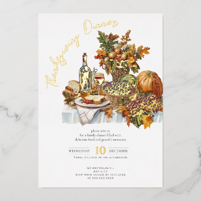 Invitación Con Relieve Metalizado Bountiful Table Rustic Thankding Dinner Pumpkin (Anverso)