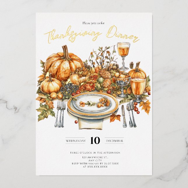 Invitación Con Relieve Metalizado Bountiful Table Thankding Dinner Pumpkin (Anverso)