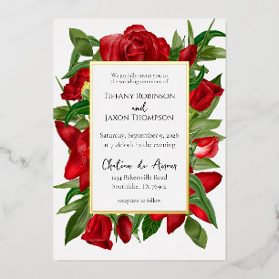 Invitación Con Relieve Metalizado Bouquet floral rojo blanco encantador