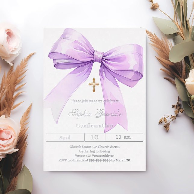 Invitación Con Relieve Metalizado Bow lavender girl silver Confirmation (Subido por el creador)