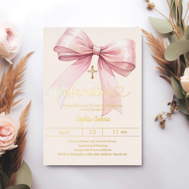 Invitación Con Relieve Metalizado Bow pink girl cream elegant Confirmation gold (Subido por el creador)