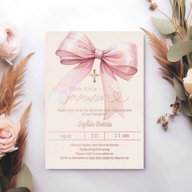 Invitación Con Relieve Metalizado Bow pink girl luxury rose gold First Communion (Subido por el creador)