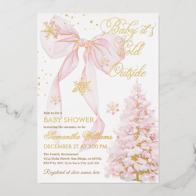 Invitación Con Relieve Metalizado Bow rosado frío fuera de la ducha de bebé (Anverso)