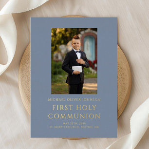 Invitación Con Relieve Metalizado Boy Blue Photo First Holy Communition Gold