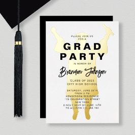 Invitación Con Relieve Metalizado Boy Modern Black Gold Graduation Party