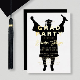 Invitación Con Relieve Metalizado Boy Modern Black Gold Graduation Party