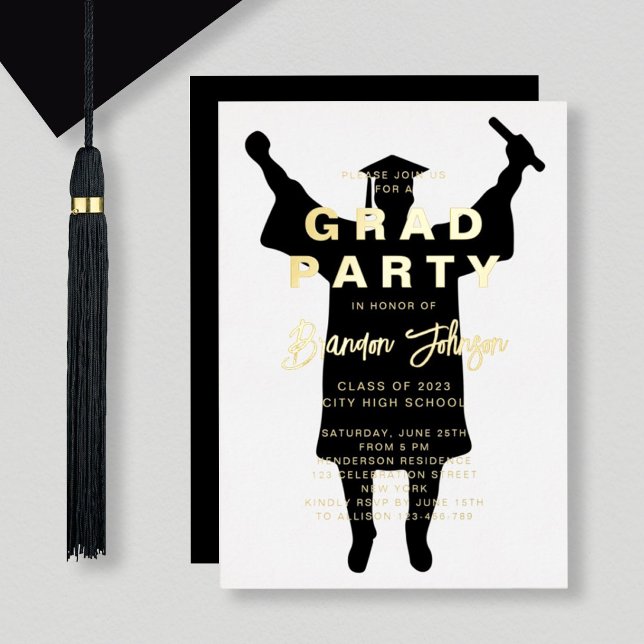 Invitación Con Relieve Metalizado Boy Modern Black Gold Graduation Party (Subido por el creador)