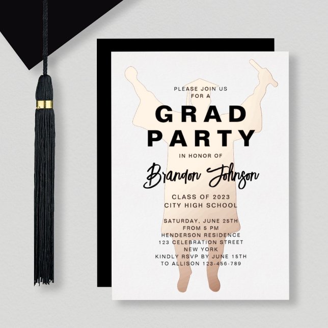 Invitación Con Relieve Metalizado Boy Modern Black Rosa Gold Graduation Party (Subido por el creador)