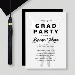 Invitación Con Relieve Metalizado Boy Modern Black Silver Graduation Party