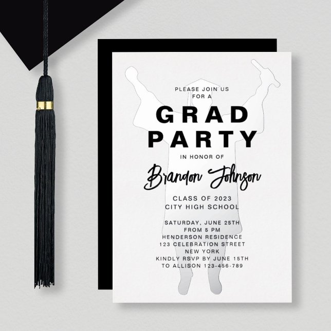 Invitación Con Relieve Metalizado Boy Modern Black Silver Graduation Party (Subido por el creador)