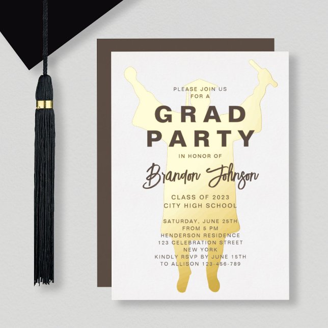 Invitación Con Relieve Metalizado Boy Modern Brown Gold Graduation Party (Subido por el creador)