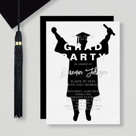 Invitación Con Relieve Metalizado Boy Modern Silver Black Graduation Party