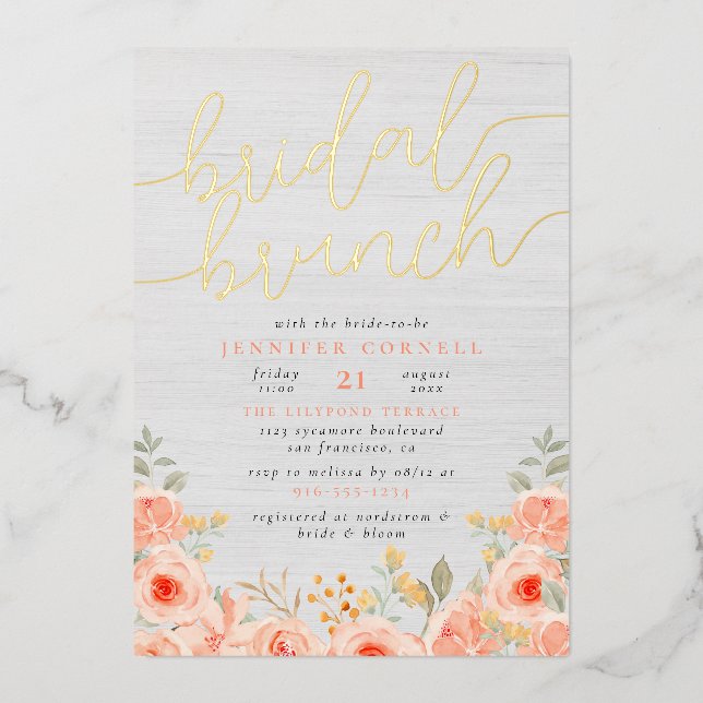 Invitación Con Relieve Metalizado Bridal Brunch | Rosa acuarela y guión de Moda real (Anverso)