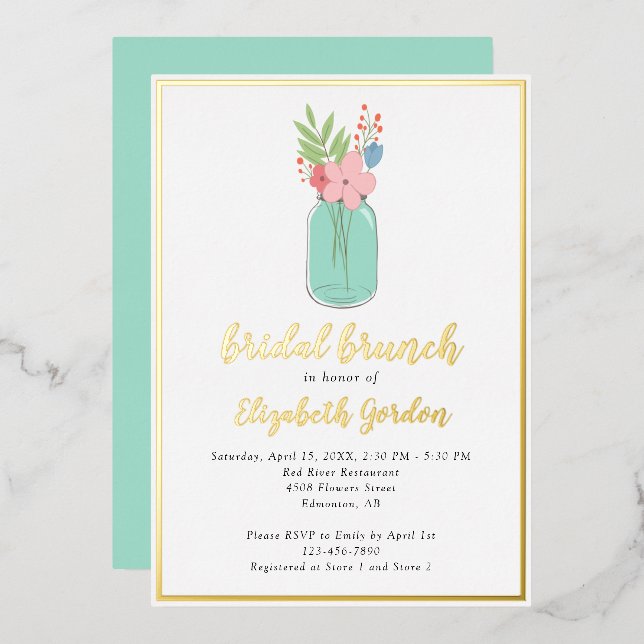 Invitación Con Relieve Metalizado Bridal Brunch Shower Mason Jar Flowers Relieve met (Anverso/Reverso)