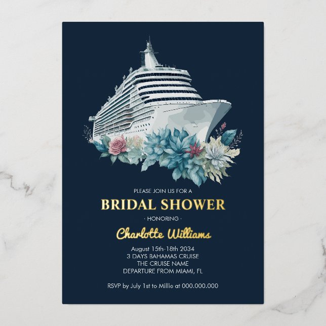 Invitación Con Relieve Metalizado Bridal Shower Cruise Ship Trip Gold (Anverso)