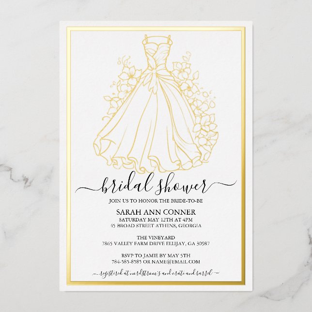 Invitación Con Relieve Metalizado Bridal Shower dress and flowers (Anverso)