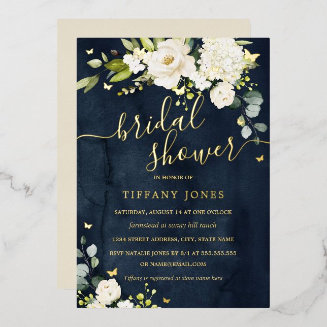 Invitación Con Relieve Metalizado Bridal Shower Navy Champagne Floral Gold (Anverso/Reverso)