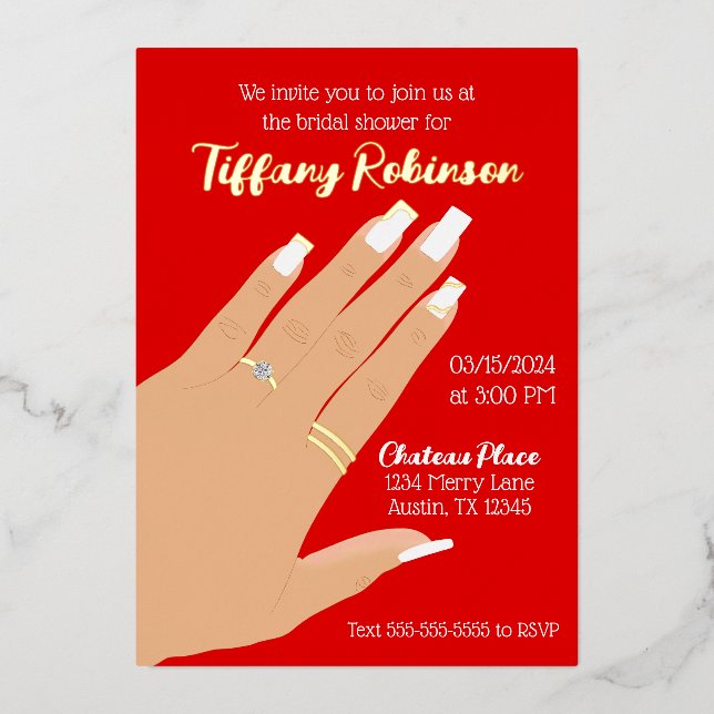 Invitación Con Relieve Metalizado Bridal Shower Show Ring Real (Anverso)