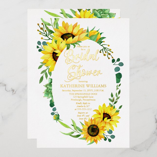 Invitación Con Relieve Metalizado Bridal Shower Sunflowers | Marco floral Eucalyptus (Anverso/Reverso)