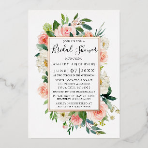 Invitación Con Relieve Metalizado Bridal Shower Watercolor Rosa Floral Rosa Oro