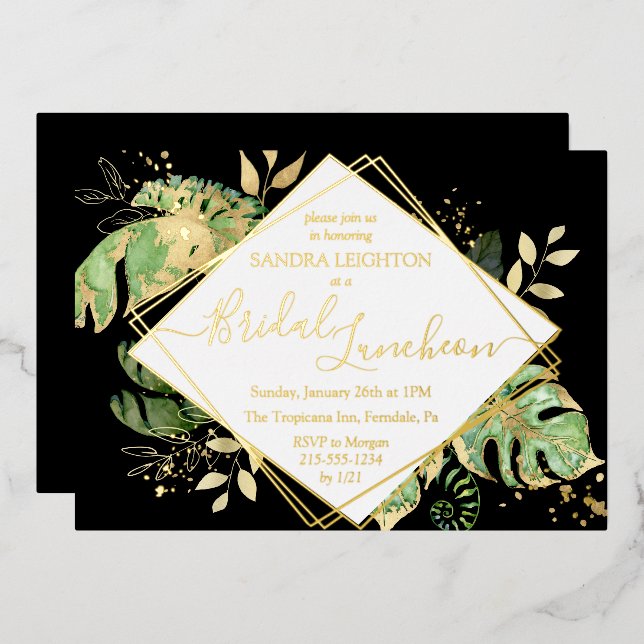Invitación Con Relieve Metalizado Bridal Tropical Luncheon Shower Black & Gold (Anverso/Reverso)