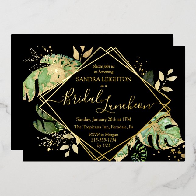 Invitación Con Relieve Metalizado Bridal Tropical Luncheon Shower Black & Gold (Anverso/Reverso)