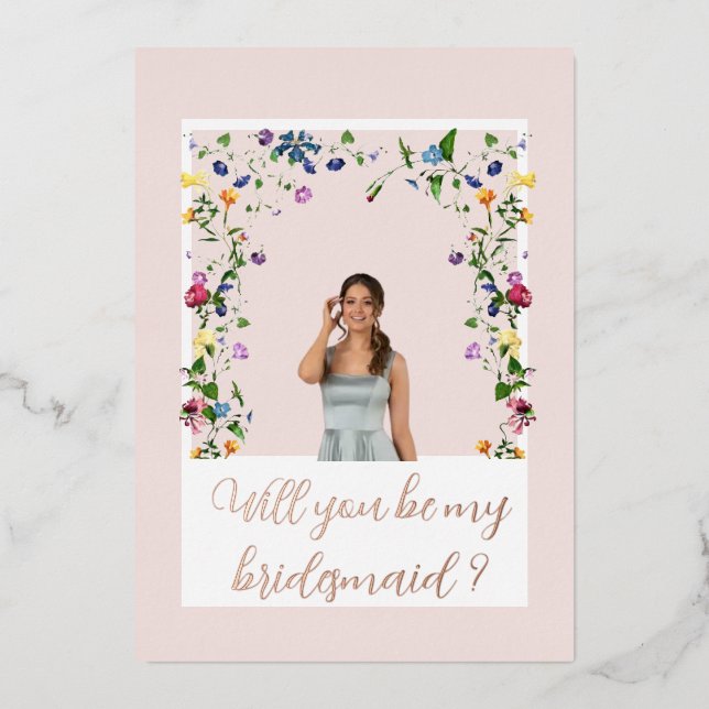 Invitación Con Relieve Metalizado Bridesmaid Pink Wildflower (Anverso)