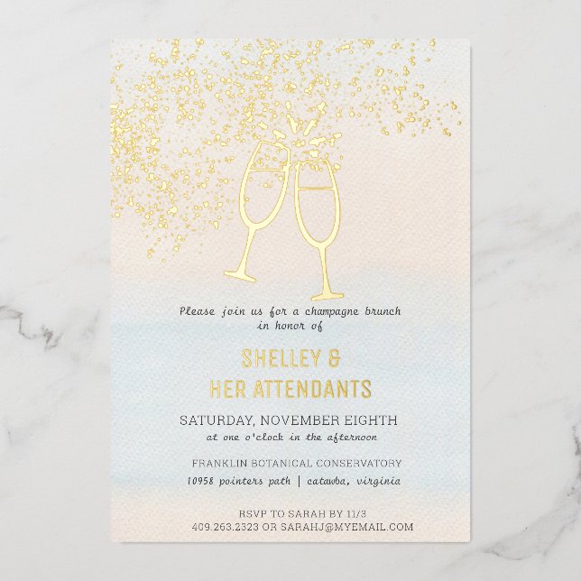 Invitación Con Relieve Metalizado Bridesmaids Champagne Brunch Shower (Anverso)