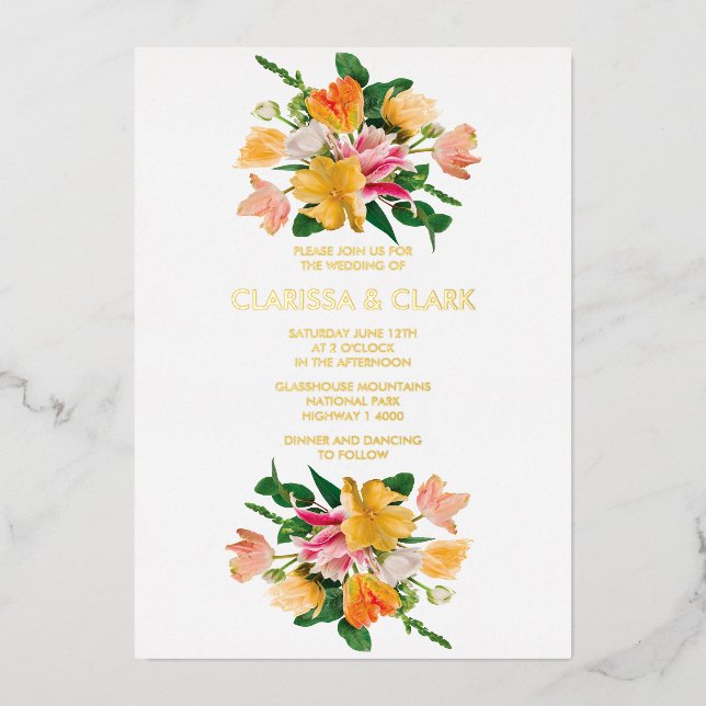 Invitación Con Relieve Metalizado Bright Summer Floral Bouquet Boda (Anverso)