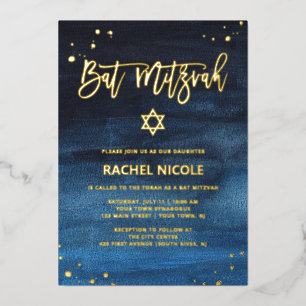 Invitación Con Relieve Metalizado Brillante Bar Mitzvah Azul y Dorado