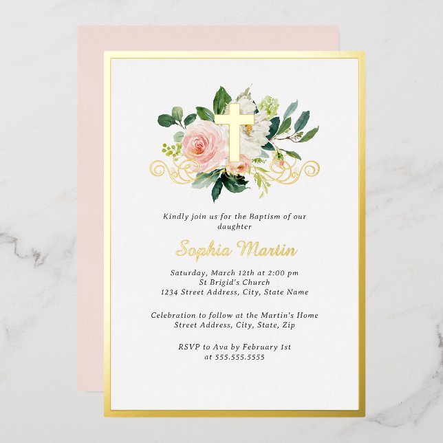 Invitación Con Relieve Metalizado Brillante Cruz de Oro Baptismo Floral Rosa (Anverso/Reverso)