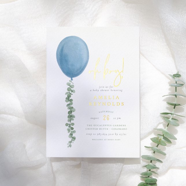 Invitación Con Relieve Metalizado Brillante Oh Boy Eucalyptus Balloon Baby Shower (Subido por el creador)