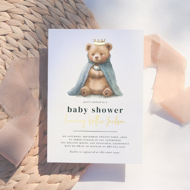 Invitación Con Relieve Metalizado Brillante Royal Teddy Bear Prince Boy Baby Shower (Subido por el creador)